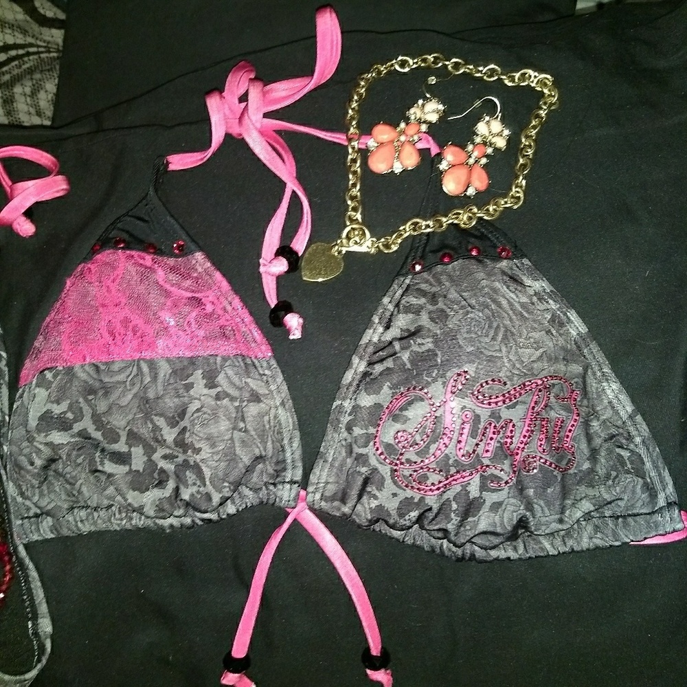 Sinful Grey & Pink with rhinestones Bikini